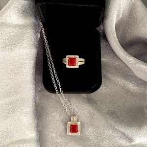 Stunning white gold lab created ruby ring and pendant, diamond accents